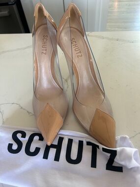 SCHUTZ Nude Patent Pointed-Toe Pumps with Clear Panels